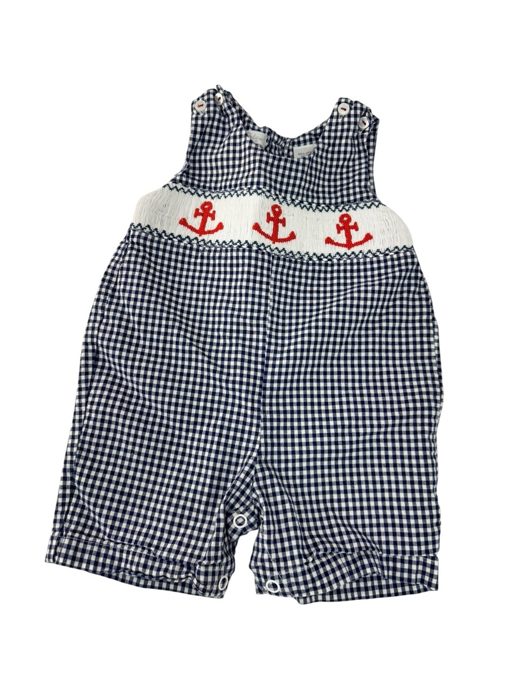 Carriage Boutique Navy & White Gingham Anchor Smocked One-Piece Overalls